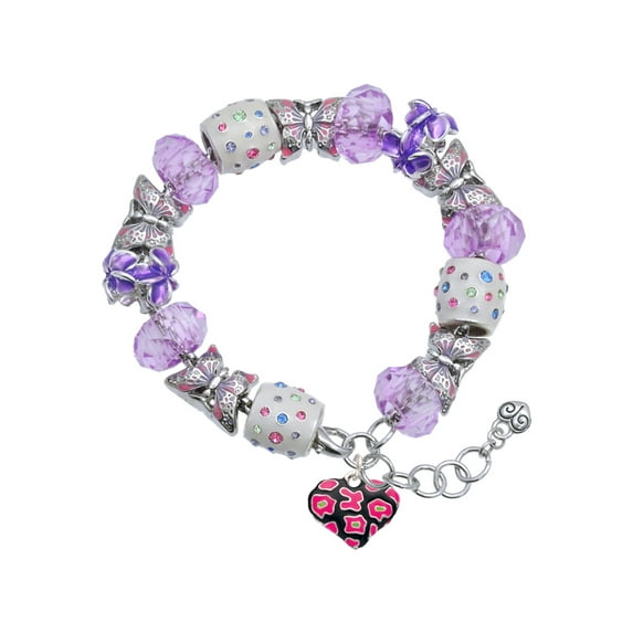 Delight Jewelry Silvertone Hot Pink Cheetah Print Heart Purple Butterfly Bead Charm Bracelet, 7"+1" Extender