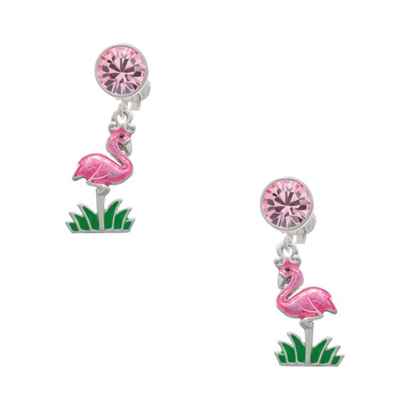 Delight Jewelry Silvertone Hot Pink Enamel Flamingo with Grass Pink Crystal Clip on Earrings
