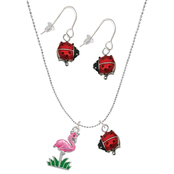 Delight Jewelry Silvertone Hot Pink Enamel Flamingo with Grass Red Lucky Ladybug Necklace and Dangle Earrings Set