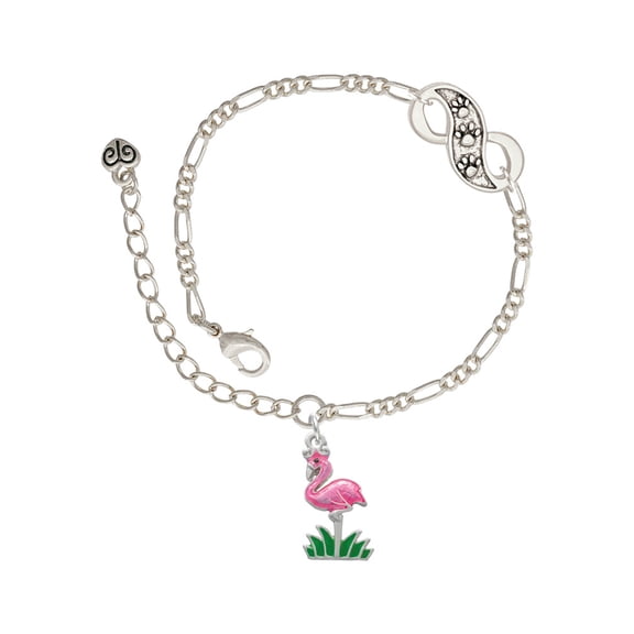 Delight Jewelry Silvertone Hot Pink Enamel Flamingo with Grass Silver-tone Paw Infinity Link Chain Bracelet, 6"+2" Extender