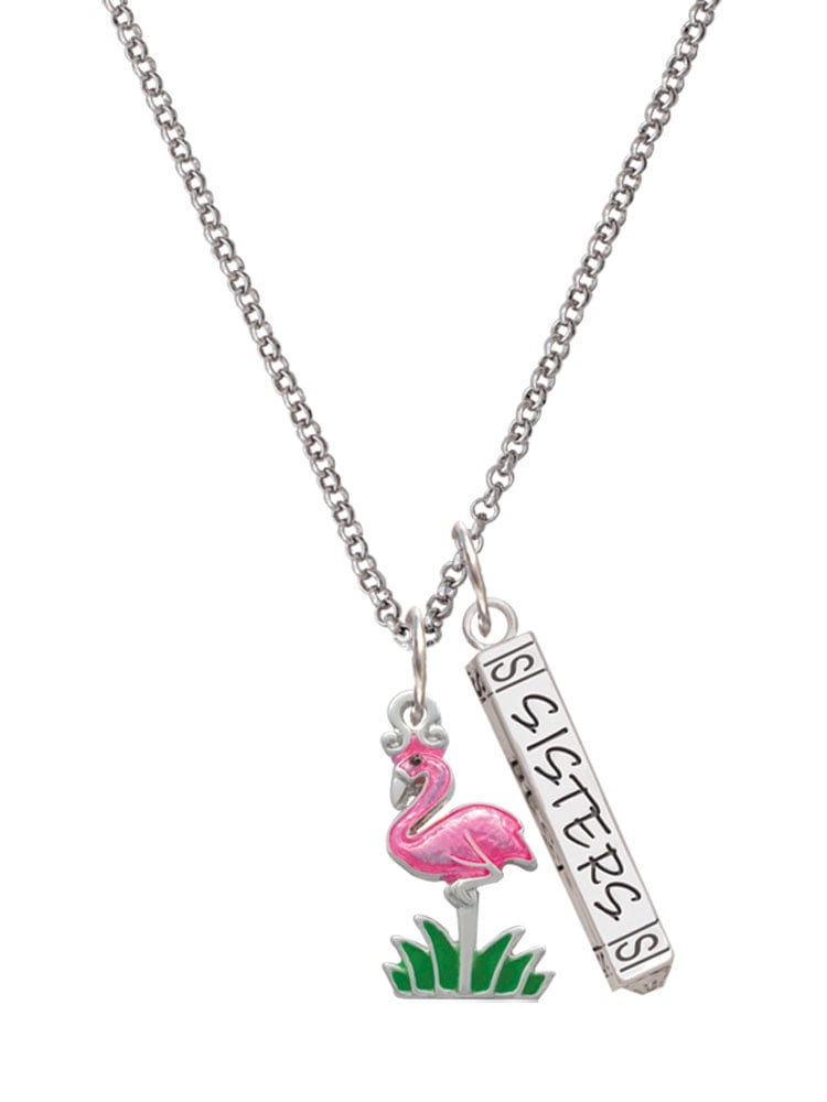 Delight Jewelry Silvertone Hot Pink Enamel Flamingo with Grass Silvertone Sisters Best Friends Forever Bar Charm Necklace, 23"