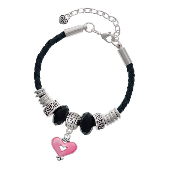 Delight Jewelry Silvertone Hot Pink Enamel Heart with Cutout Aunt Celtic Knot Leather Bead Bracelet, 7"+2" Extender