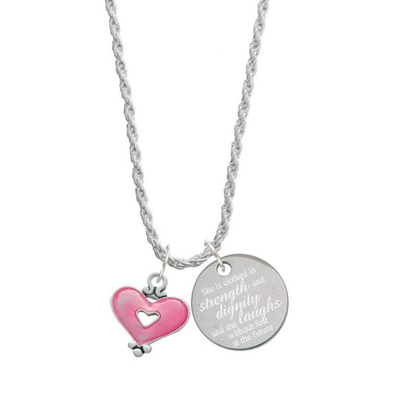 Delight Jewelry Silvertone Hot Pink Enamel Heart with Cutout She is Clothed in Stength and Dignity Charm Necklace, 20"+3"