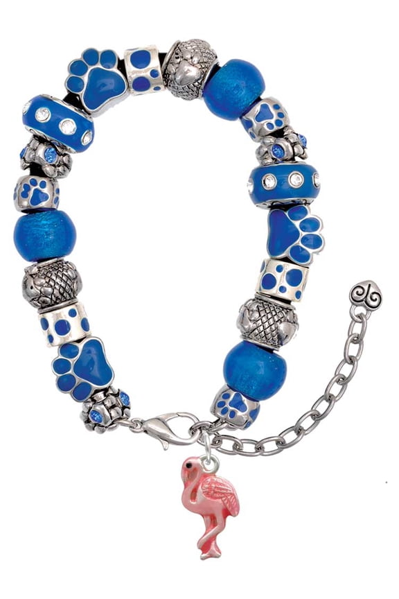 Silvertone Hot Pink Flamingo Blue Paw Print Bead Bracelet, 7"+2"