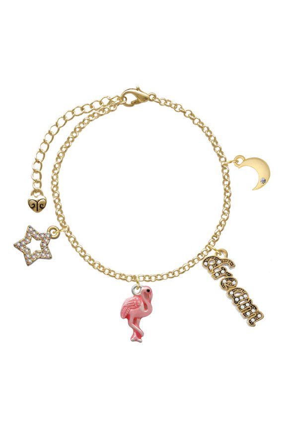 Silvertone Hot Pink Flamingo Goldtone Dream Big Charm Bracelet, 7.5+2" Extender