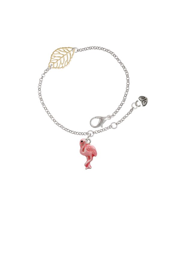 Silvertone Hot Pink Flamingo - Goldtone Leaf Delicate Bracelet, 6.25+1.75"