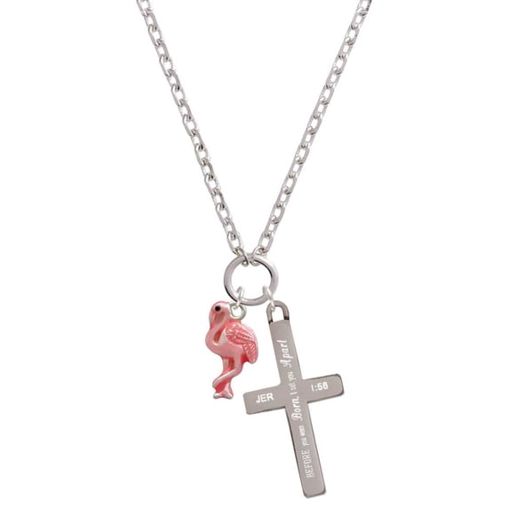 Delight Jewelry Silvertone Hot Pink Flamingo I Set You Apart Engraved Cross Zoey Necklace, 28"