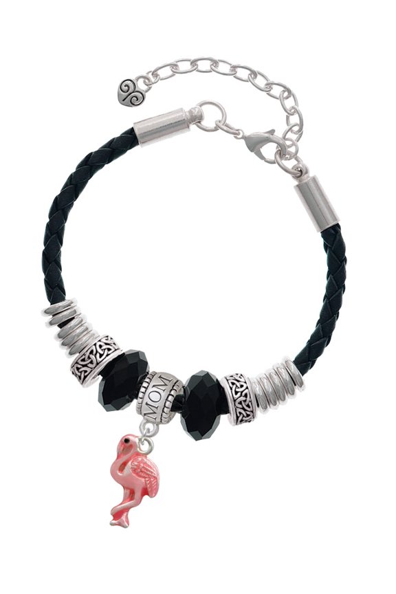 Silvertone Hot Pink Flamingo Mom Celtic Knot Leather Bead Bracelet, 7"+2" Extender