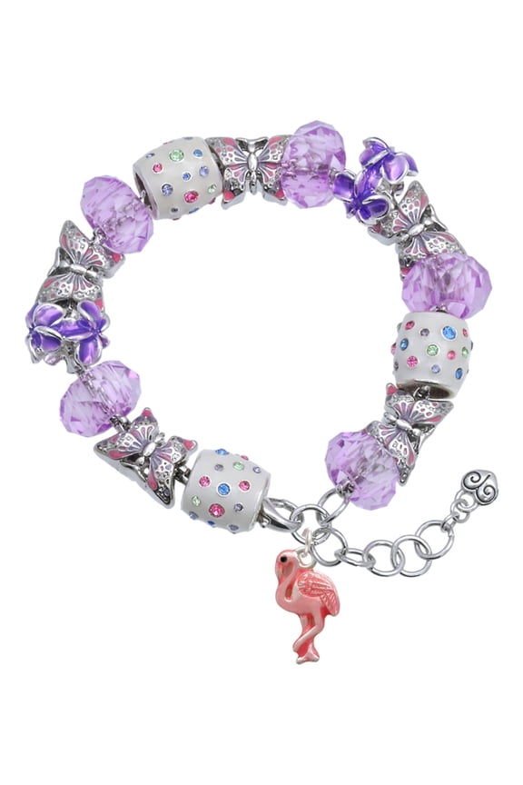 Silvertone Hot Pink Flamingo Purple Butterfly Bead Charm Bracelet, 7"+1" Extender
