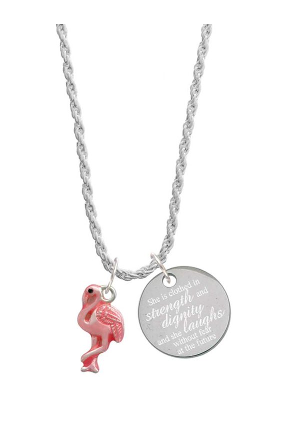 Silvertone Hot Pink Flamingo She is Clothed in Stength and Dignity Charm Necklace, 20"+3"