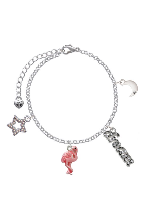 Silvertone Hot Pink Flamingo Silvertone Dream Big Charm Bracelet, 7.5+2" Extender