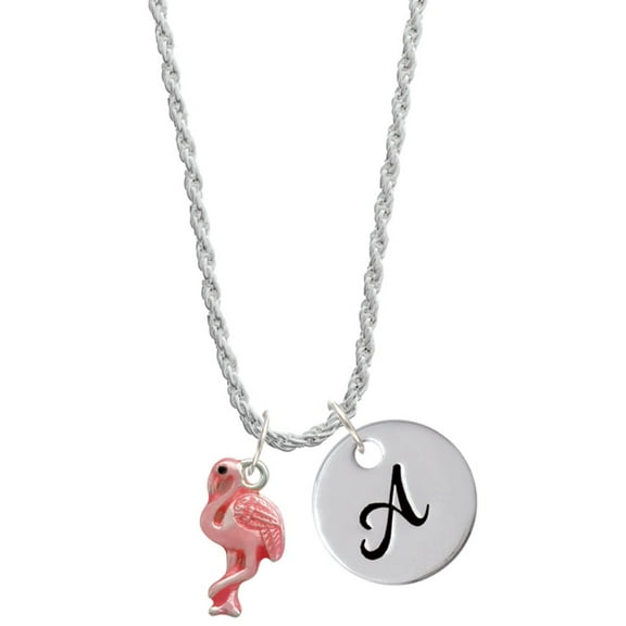 Delight Jewelry Silvertone Hot Pink Flamingo Silvertone Script Initial Disc - A - Charm Necklace, 20"+3"