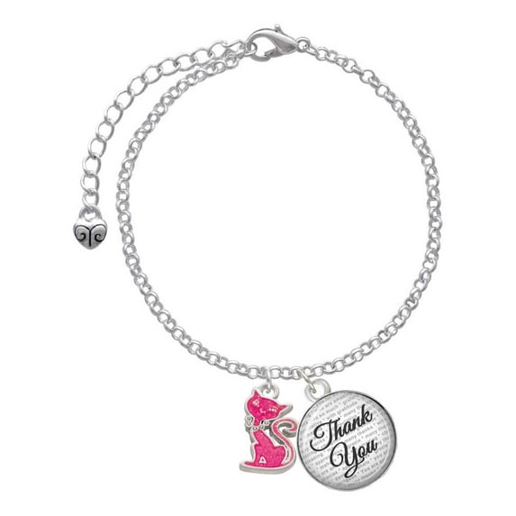 Delight Jewelry Silvertone Hot Pink Glitter Cat - Domed Thank You Charm Bracelet, 6"+2"