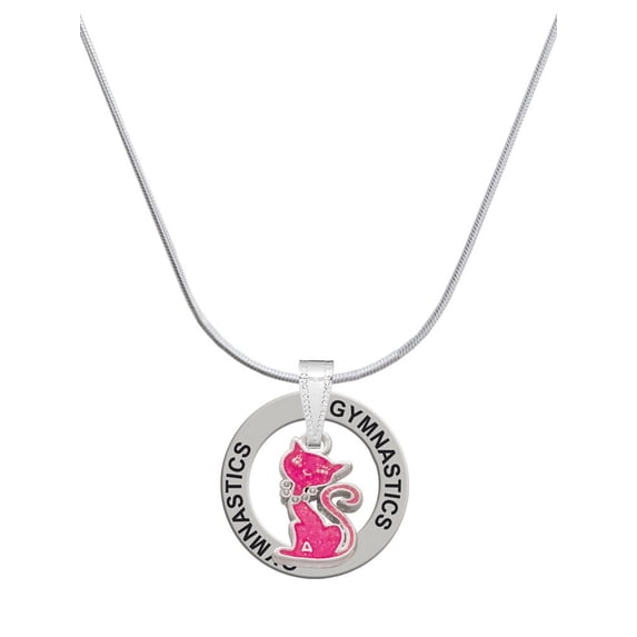 Delight Jewelry Silvertone Hot Pink Glitter Cat Gymnastics Ring Charm Necklace, 18"