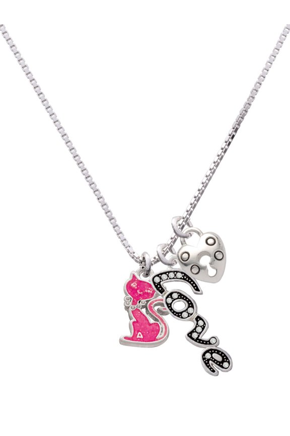 Silvertone Hot Pink Glitter Cat - Love and Lock Charm Necklace, 18"+1"