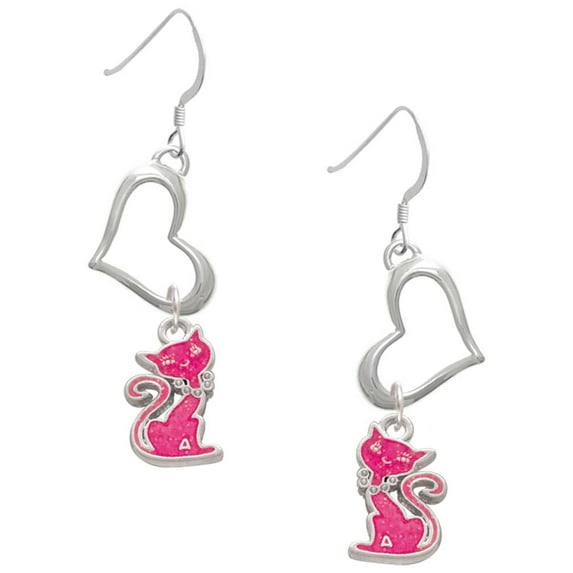 Delight Jewelry Silvertone Hot Pink Glitter Cat Open Heart French Earrings