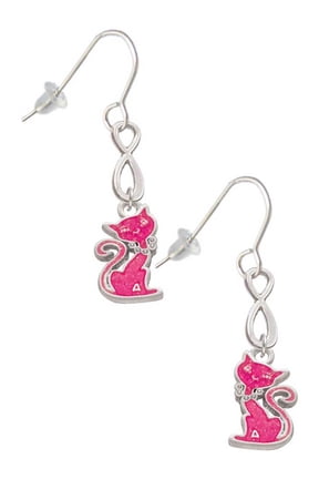 Silvertone Hot Pink Glitter Cat Silver tone Infinity French Earrings