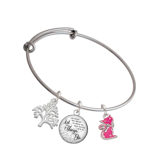 Delight Jewelry Silvertone Hot Pink Glitter Cat Silvertone Let Things Go Tree Charm Bangle Bracelet