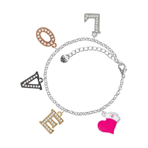 Delight Jewelry Silvertone Hot Pink Heart with Nurse Hat Multi-Colored Crystal Love Charm Bracelet
