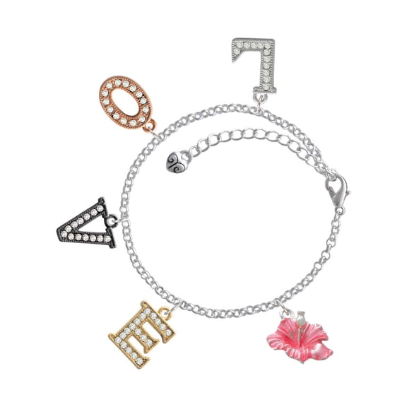 Delight Jewelry Silvertone Hot Pink Hibiscus Flower Multi-Colored Crystal Love Charm Bracelet