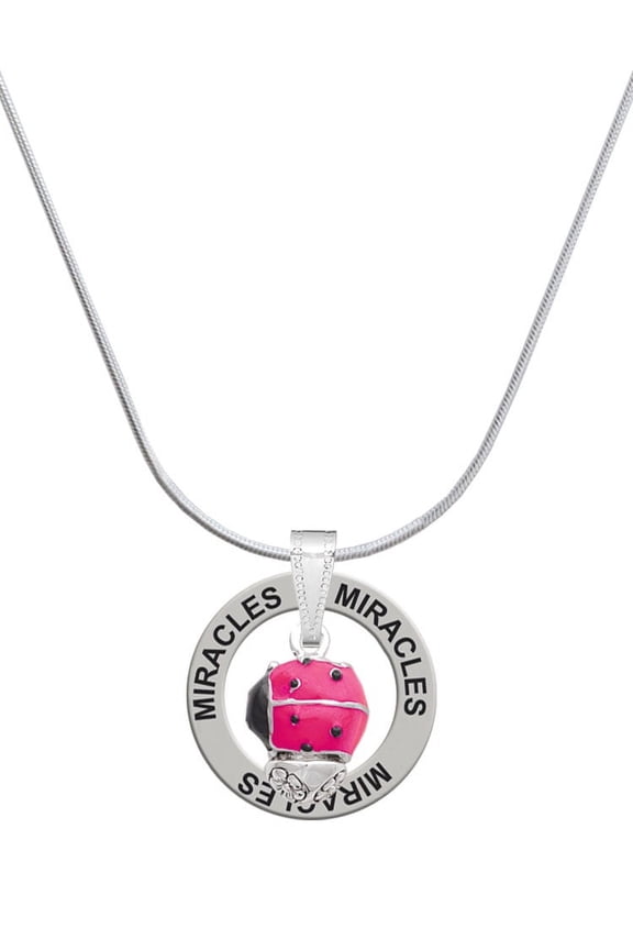 Silvertone Hot Pink Ladybug Spinner Miracles Ring Charm Necklace, 18"