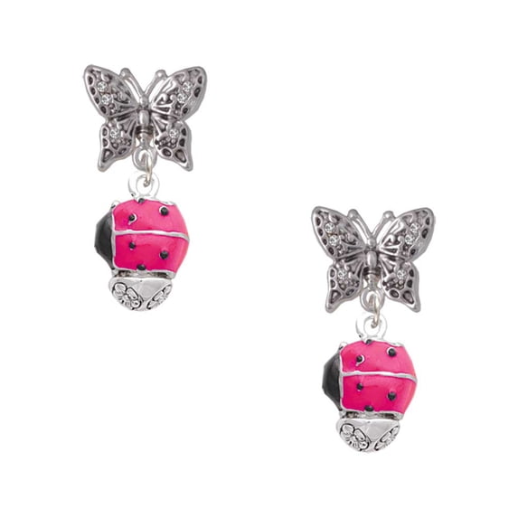 Delight Jewelry Silvertone Hot Pink Ladybug Spinner Silvertone Antiqued Butterfly Post Earrings