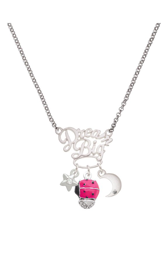 Silvertone Hot Pink Ladybug Spinner Silvertone Dream Big Pendant Necklace, 25"