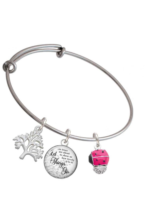 Silvertone Hot Pink Ladybug Spinner Silvertone Let Things Go Tree Charm Bangle Bracelet