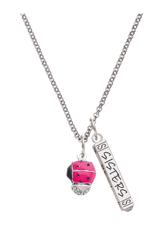 Silvertone Hot Pink Ladybug Spinner Silvertone Sisters Best Friends Forever Bar Charm Necklace, 23"