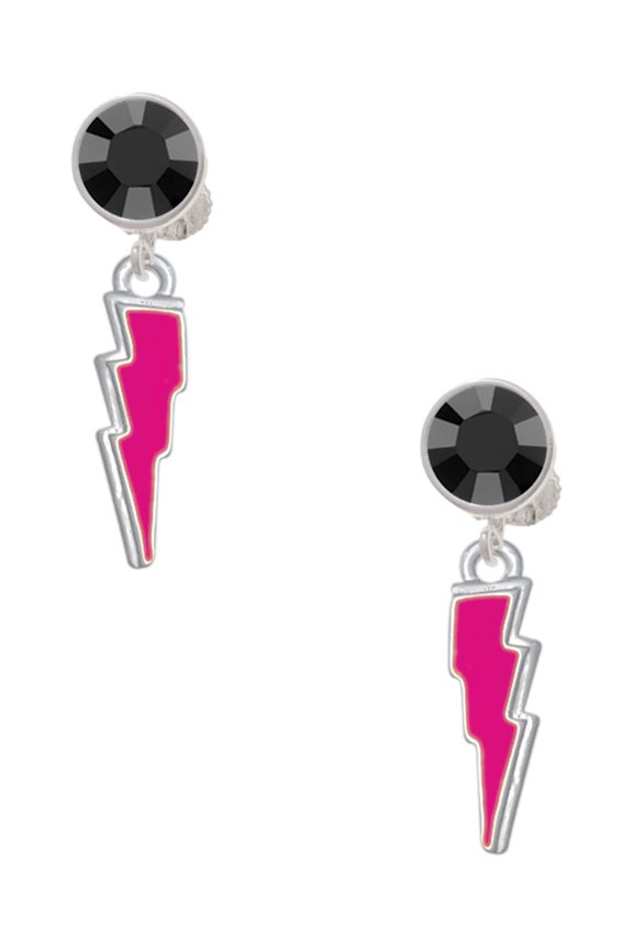 Silvertone Hot Pink Lightning Bolt Black Crystal Clip on Earrings