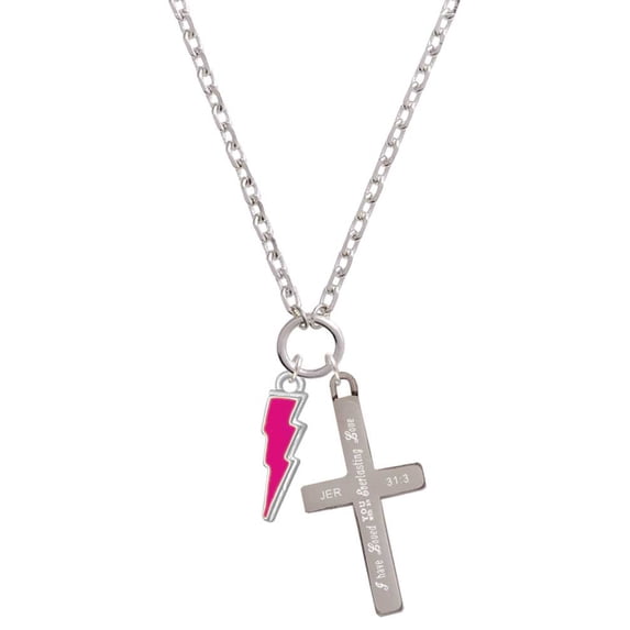 Delight Jewelry Silvertone Hot Pink Lightning Bolt Everlasting Love Engraved Cross Zoey Necklace, 28"