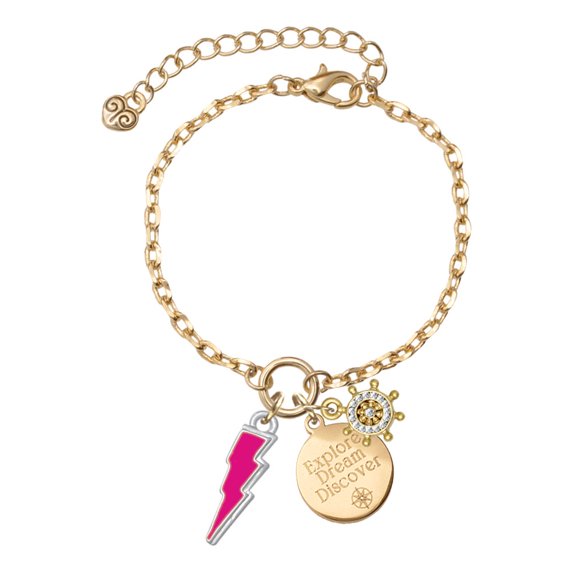 Delight Jewelry Silvertone Hot Pink Lightning Bolt Goldtone Discover Dream Explore Zoey Charm Bracelet, 6.5+2" Extender