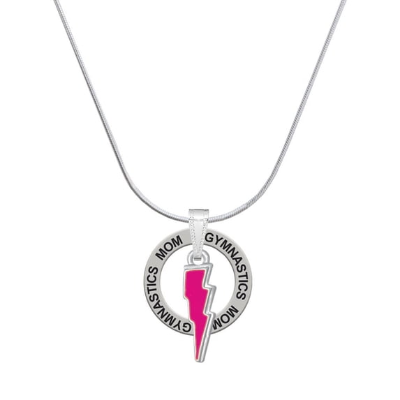 Delight Jewelry Silvertone Hot Pink Lightning Bolt Gymnastics Mom Ring Charm Necklace, 18"