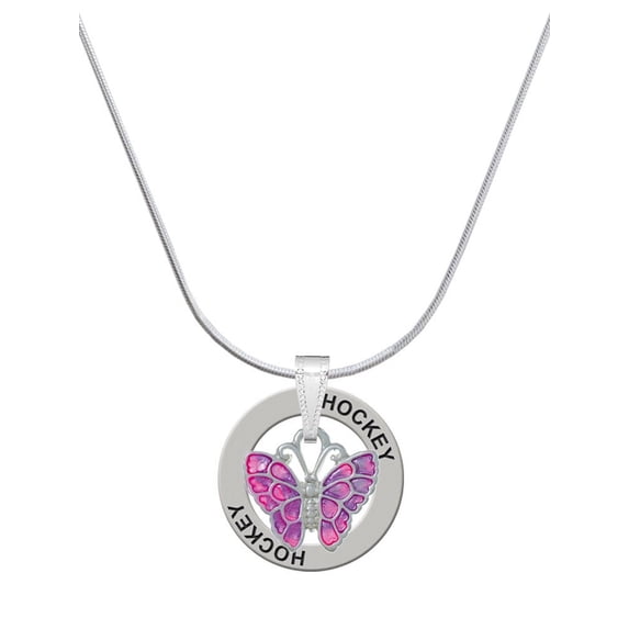 Delight Jewelry Silvertone Hot Pink & Purple Butterfly Hockey Ring Charm Necklace, 18"
