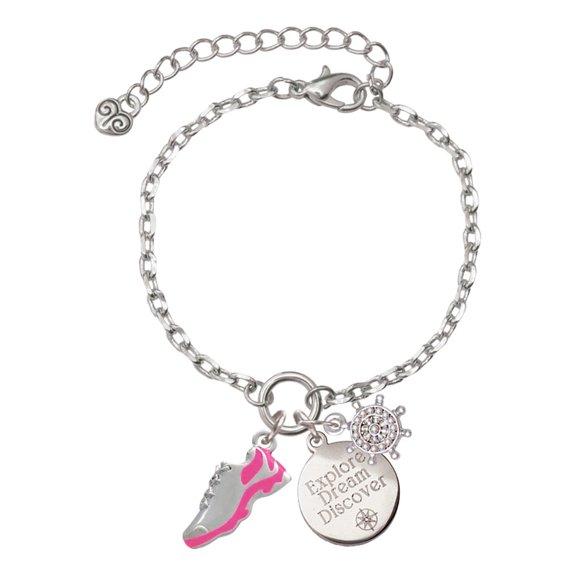 Delight Jewelry Silvertone Hot Pink Running Shoe Silvertone Discover Dream Explore Zoey Charm Bracelet, 6.5+2" Extender