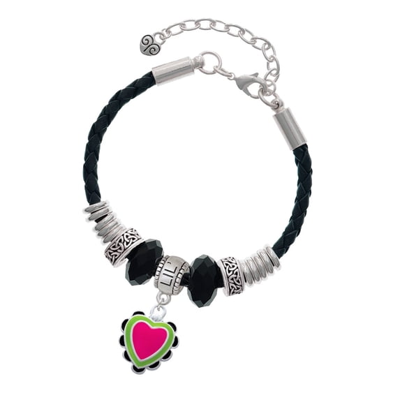 Delight Jewelry Silvertone Hot Pink & Silvertone Lime Green Heart with Black Ruffles Big Sister Celtic Knot Leather Bead Bracelet, 7"+2" Extender