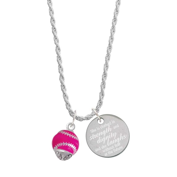 Delight Jewelry Silvertone Hot Pink Softball with Stitching Spinner She is Clothed in Stength and Dignity Charm Necklace, 20"+3"