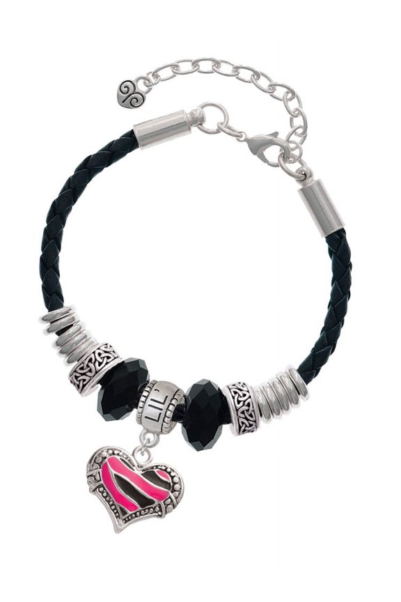 Silvertone Hot Pink Tiger Print Heart Lil Sister Celtic Knot Leather Bead Bracelet, 7"+2" Extender