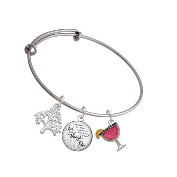 Delight Jewelry Silvertone Hot Pink Tropical Drink Silvertone Let Things Go Tree Charm Bangle Bracelet