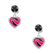Delight Jewelry Silvertone Hot Pink Zebra Print Heart Black Crystal Clip on Earrings