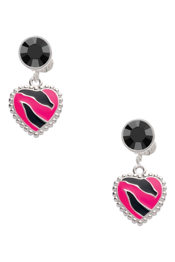 Silvertone Hot Pink Zebra Print Heart Black Crystal Clip on Earrings