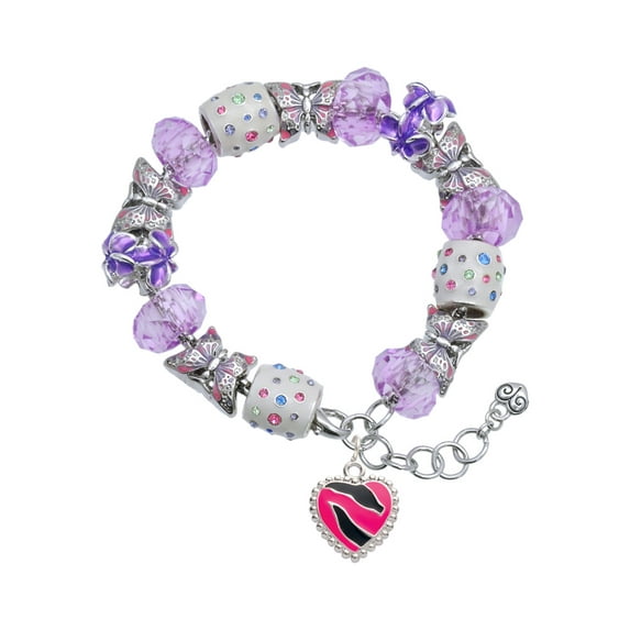 Delight Jewelry Silvertone Hot Pink Zebra Print Heart Purple Butterfly Bead Charm Bracelet, 7"+1" Extender