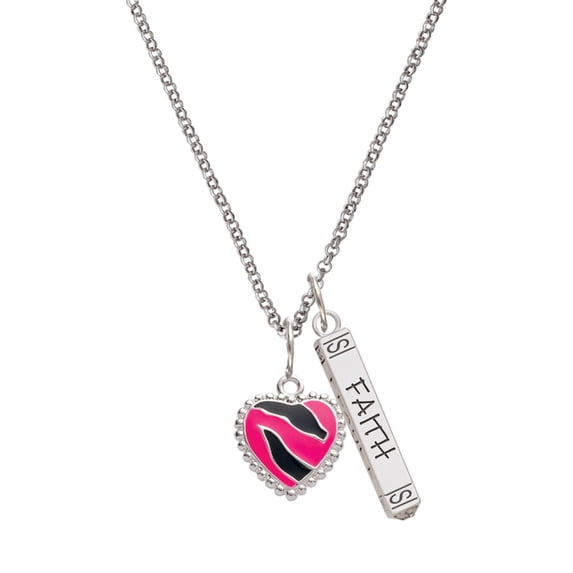 Delight Jewelry Silvertone Hot Pink Zebra Print Heart Silvertone Believe Faith Prayer Hope Bar Charm Necklace, 23"
