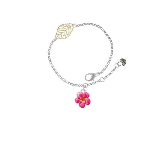 Delight Jewelry Silvertone Hot Pink and Orange Flower - Goldtone Leaf Delicate Bracelet, 6.25+1.75"