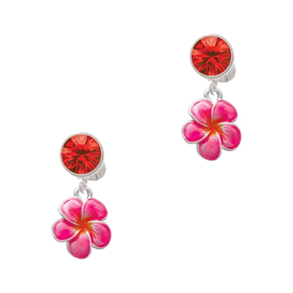 Delight Jewelry Silvertone Hot Pink and Orange Flower Red Crystal Clip on Earrings