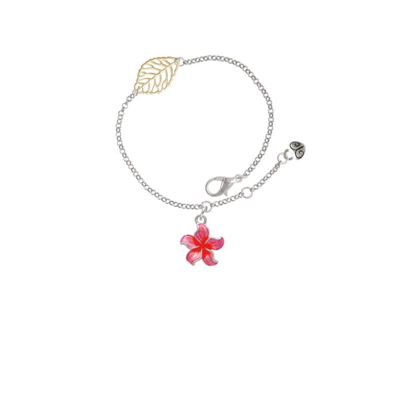 Delight Jewelry Silvertone Hot Pink and Orange Plumeria Flower - Goldtone Leaf Delicate Bracelet, 6.25+1.75"