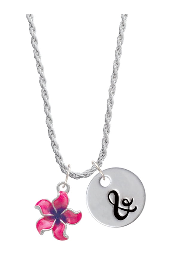 Silvertone Hot Pink and Purple Plumeria Flower Silvertone Script Initial Disc - & - Charm Necklace, 20"+3"