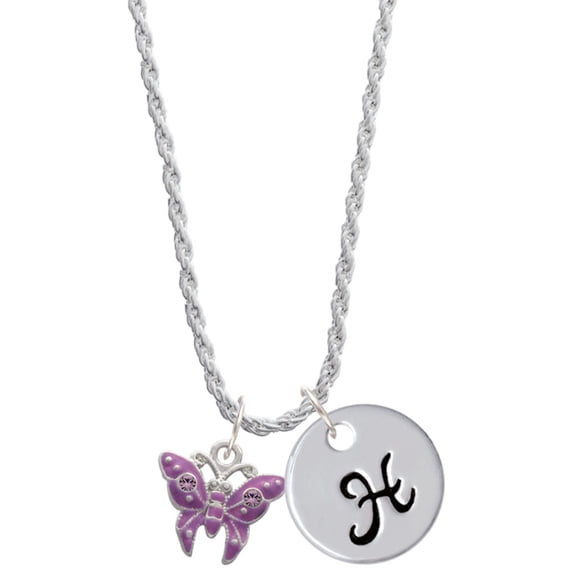 Delight Jewelry Silvertone Hot Purple Butterfly with 2 Crystals Silvertone Script Initial Disc - H - Charm Necklace, 20"+3"