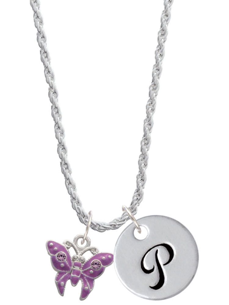 Delight Jewelry Silvertone Hot Purple Butterfly with 2 Crystals Silvertone Script Initial Disc - P - Charm Necklace, 20"+3"