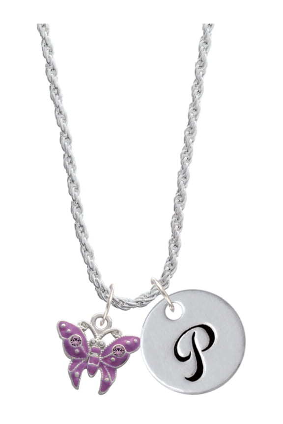 Silvertone Hot Purple Butterfly with 2 Crystals Silvertone Script Initial Disc - P - Charm Necklace, 20"+3"